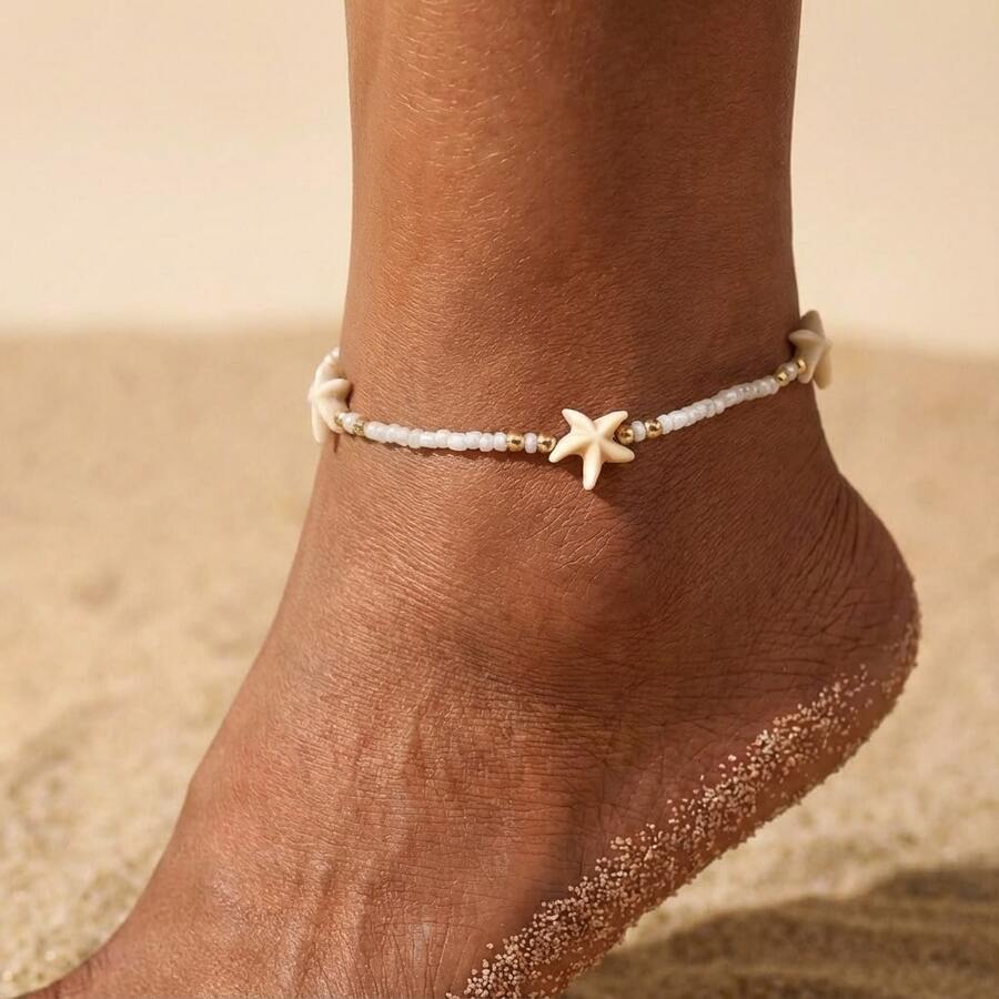 1pc Fashionable Vintage Beach Style Natural Starfish Adjustable Rice Bead Anklet Jewelry, Suitable For Travel - Multicolor - View 1