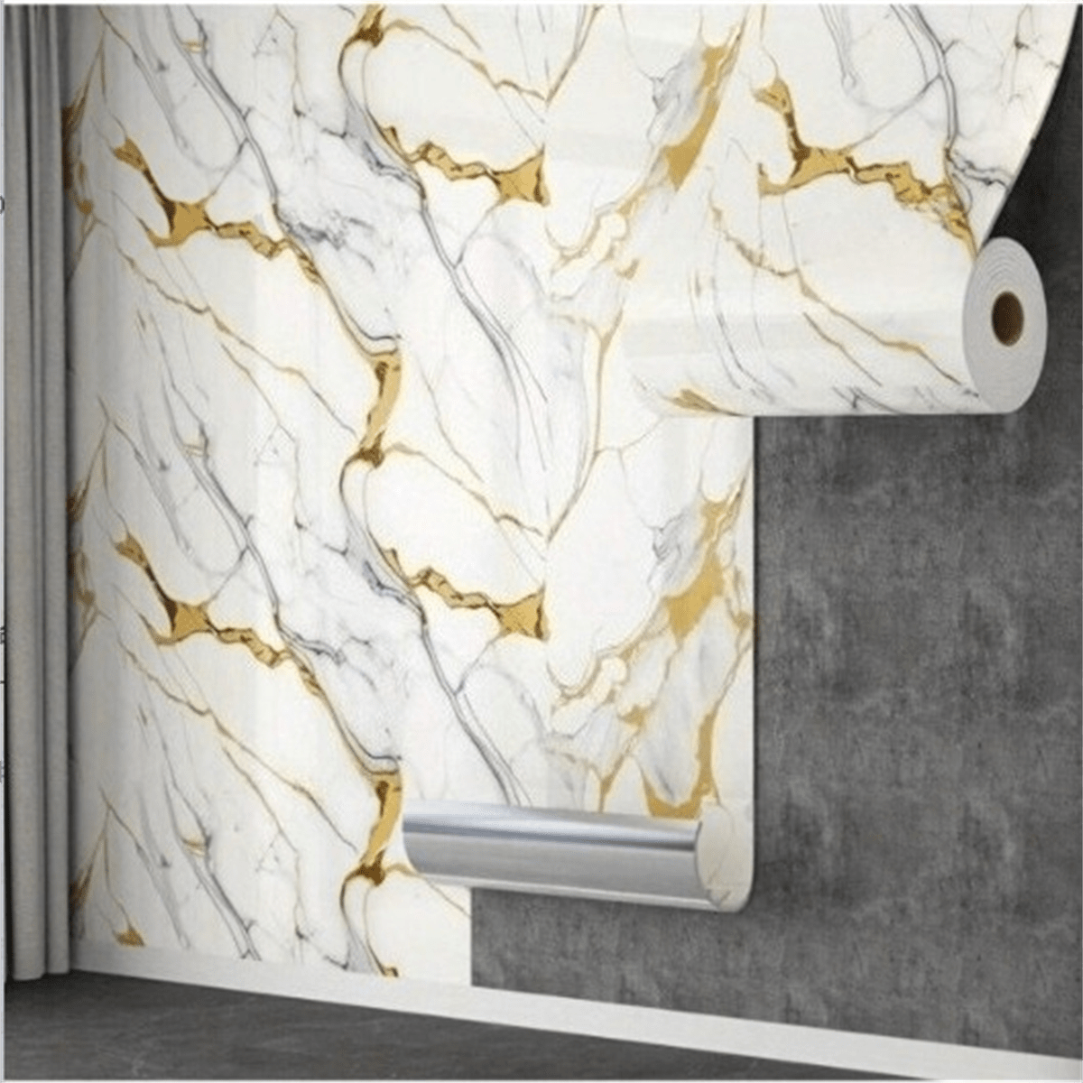 1卷高档大理石纹自粘墙纸，可移除DIY墙贴，防水、防油、易于维护和清洁，适用于厨房、浴室、墙面装饰，现代铂金纹理艺术风格 - 白金 - 查看 11