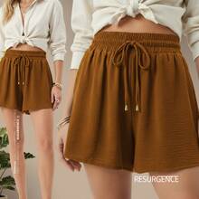 Women's Loose-Fit Caramel Shorts With High Waist, Elastic Waist, Comfortable, Duna Fabric, Casual, Chic, Everyday, Lightweight, Basic, Blogger Style, Knit Fabric, Faux Drawstring, Women's Fashion, Home, Beach, Vacation, Diary, Brunch, Travel, Spring, Summer - 駝色 - 查看 5