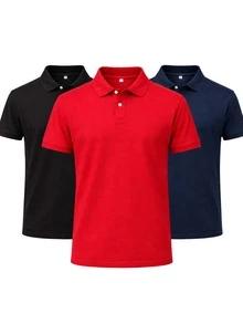 Kit 3 Premium Piquet Men's Polo Shirts – Casual & Social - 藍M+黑+紅 - 查看 1