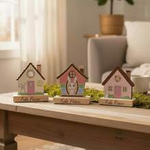 Enfeite Decorativo de Páscoa em Madeira – Trio Casinha Feliz Páscoa - Multicolorido - Visão 1