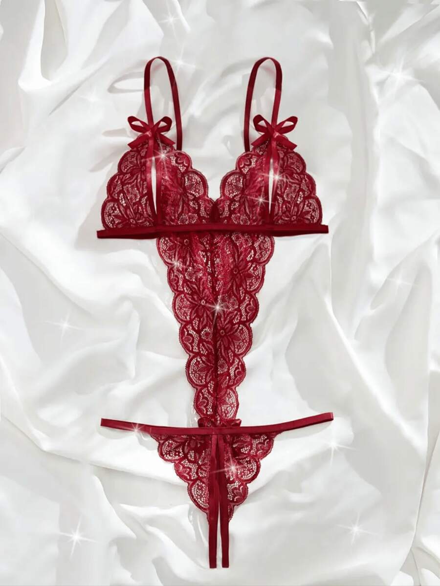 Women's Bodysuit, Bra And Panties With Opening And Sensual Bow. - Rosado Sandía - Ver 1