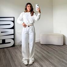 Women's Fleece Set: Long-Sleeved Cropped Sweatshirt In Fleece/Velvet Fabric (No Embroidery) + Wide-Leg Pants - Negro - Ver 2