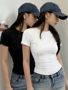 2件套 娇小女款夏季新款简约短袖T恤，修身短款休闲圆领纯色上衣 - 白色 - 查看 3