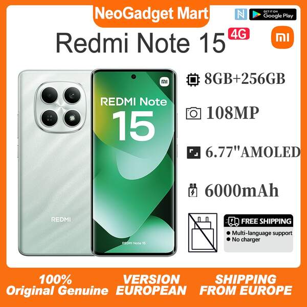 Xiaomi Redmi Note 15 4G, Smartphone, 8GB+256GB, Tela AMOLED FHD+ de 6,77", Taxa de atualização de 120Hz, MediaTek Helio G100-Ultra, Câmera de 108MP, Carregamento Turbo de 33W, Bateria de 6000 mAh, NFC, Dual SIM, Verde, Versão Europeia, Celular