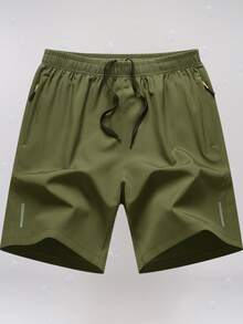 Men's Bermuda Shorts With Pockets, Reflective Logo, Shines With Flash, Perfect For Summer, Beach, Gym, Workout, And End Of Year. - 橄欖綠 - 查看 5