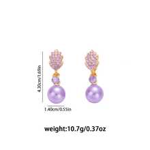 1对时尚奢华紫色珍珠水钻叶子设计女士耳环，优雅百搭 - 彩色 - 查看 5