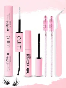LUJITO 2-In-1 Eyelash Glue Set, Includes Cluster Lash Adhesive (5ml+5ml), Tweezers, Remover Liquid (4.5ml), Suitable For Individual Eyelash Extension Glue, Single Lash Glue, Mascara, Personal Makeup Kit, Lash Cluster Set, Eyelashes, False Lashes - Pink - View 1