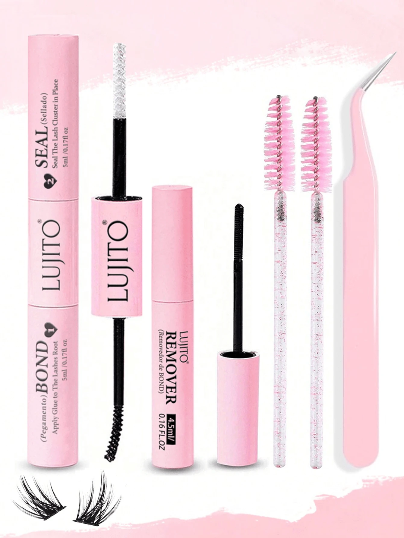 LUJITO 2-In-1 Eyelash Glue Set, Includes Cluster Lash Adhesive (5ml+5ml), Tweezers, Remover Liquid (4.5ml), Suitable For Individual Eyelash Extension Glue, Single Lash Glue, Mascara, Personal Makeup Kit, Lash Cluster Set, Eyelashes, False Lashes - Pink - View 1