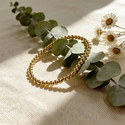 1pc Gold & Silver Stainless Steel Waterproof Bracelet, Women's Anti-Fading Elastic Beaded Bracelet, Layerable Gold-Plated Pearl Ball Bracelet, Gift For Her