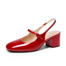 Women's Mary Jane Low Chunky Heels Slingback Closed Square Toe Dress Shoes Elegant Wedding Party Work Office Pumps Shoes - 紅色 - 查看 6