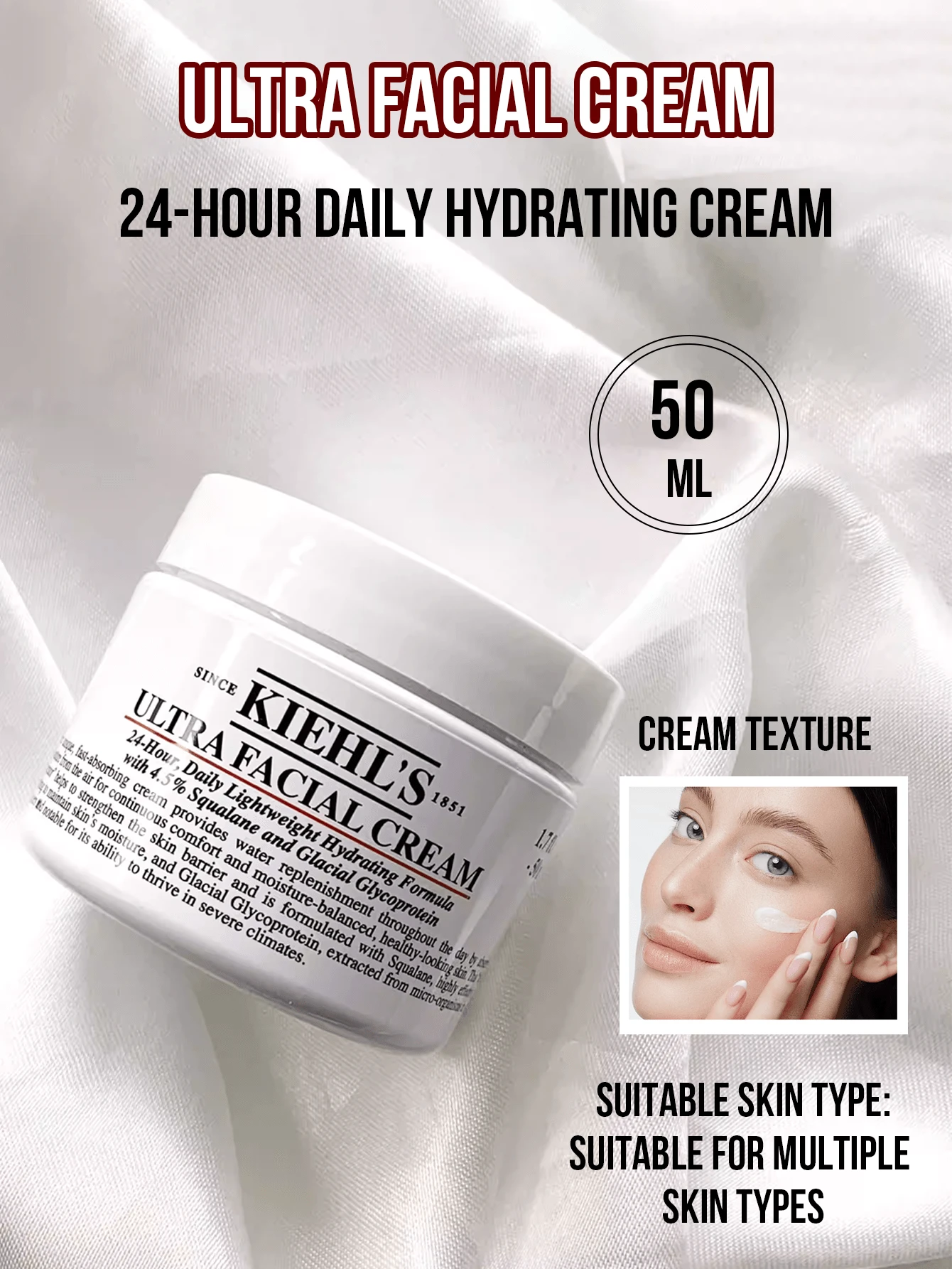 Kiehl's Since 1851 Ultra Facial Cream, 50ml Full-Size/14ml Travel Size/3ml Sample Mini, 24-Hour Daily Hydrating Cream With 4.5% Squalane, Deeply Moisturizes & Strengthens Skin Barrier, Lightweight Nourishing Formula For All Skin Types, Ideal For Daily Use/Office Commute/Travel & Severe Climates, Enhanced Repair Facial Moisturizer & Thoughtful Skincare Gift