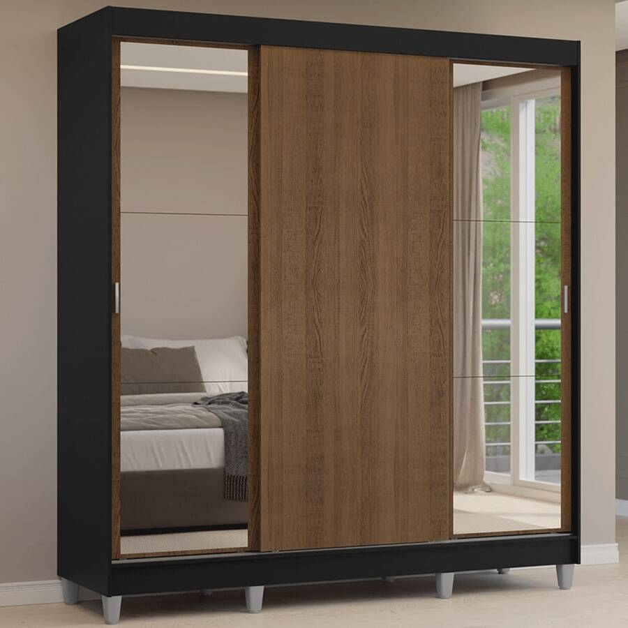 Ropero Madesa Reno 3 Puertas Corredizas Con Espejo y Pies M1 - Negro y Marrón - Ver 1