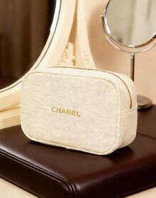 CHANEL Materiel Beige Fabric Makeup Pouch With Gold Embroidered Logo, Makeup Bag, Zippered Travel Cosmetic Bag - Platinum - View 2