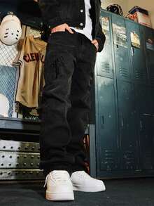 Casual Loose Straight Leg Jeans With High Street Embroidery Distressed Wash - Black - View 2