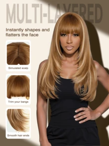 24英寸长层次直发假发，带刘海，渐变金色，耐热合成材料，自然层次感，适合日常佩戴、派对、角色扮演等场合。 - 挑染金色 - 查看 5