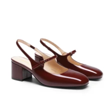 Women's Mary Jane Low Chunky Heels Slingback Closed Square Toe Dress Shoes Elegant Wedding Party Work Office Pumps Shoes - 酒紅色 - 查看 9