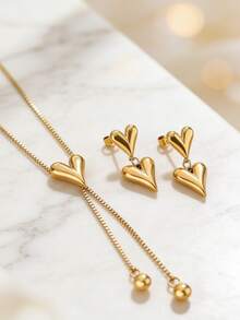 Bộ trang sức lãng mạn bằng thép không gỉ gồm dây chuyền và bông tai, mặt dây chuyền hình trái tim, thích hợp cho phụ nữ đeo đi dự tiệc hoặc du lịch. - Vàng - Xem 9