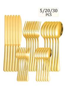 5/20/30pcs Stainless Steel Flatware Set, Smooth Line Handle Design, Suitable For Home Kitchen, Restaurant, Hotel, Wedding, Party, Holiday - Gold - View 9