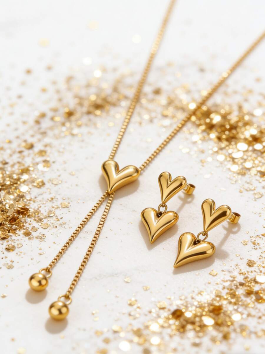 Bộ trang sức lãng mạn bằng thép không gỉ gồm dây chuyền và bông tai, mặt dây chuyền hình trái tim, thích hợp cho phụ nữ đeo đi dự tiệc hoặc du lịch. - Vàng - Xem 1