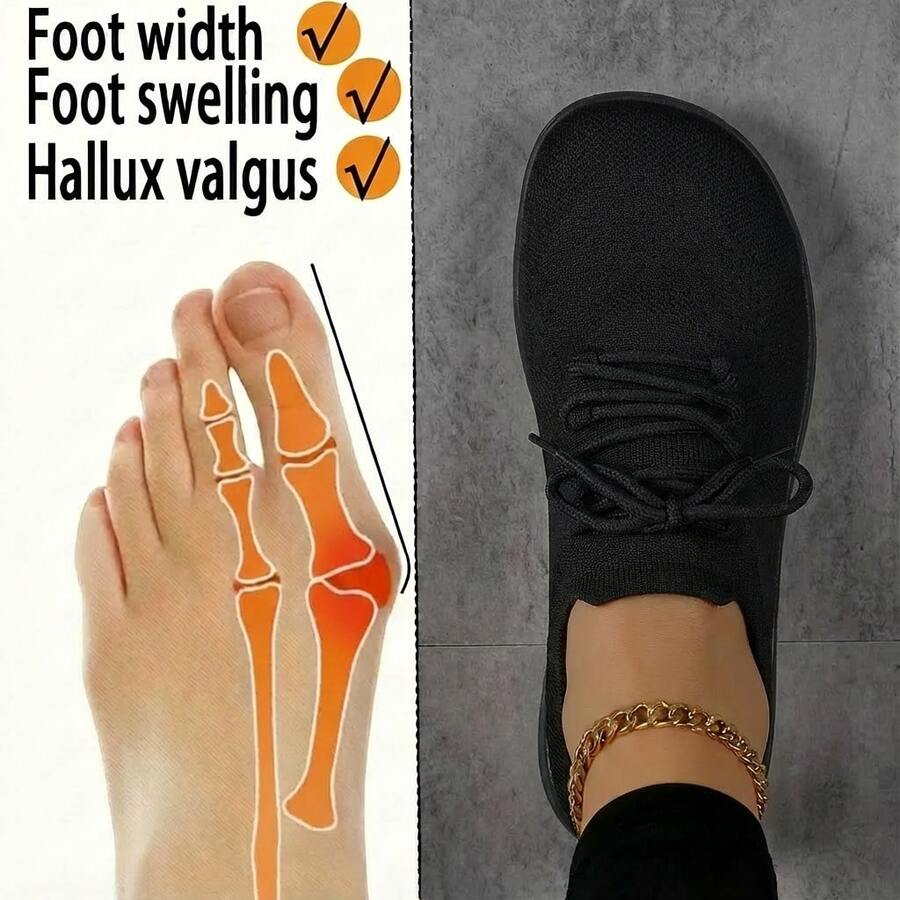 女士宽楦黑色针织运动鞋，透气不束缚，柔软鞋底，舒适百搭，适合日常通勤和休闲穿着。 - 黑色 - 查看 1