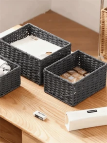 Handmade Woven Storage Baskets, Bathroom Vanity Organizer Racks, Kitchen Snack & Candy Racks, Office/Study Bookcases, Stationery & Medicine Boxes, Toy Storage Baskets, Vanity Makeup & Skincare Organizer Racks, Home Decor Baskets, Gift Baskets, Cosmetic Storage Baskets, Living Room Storage Baskets - Black - View 5