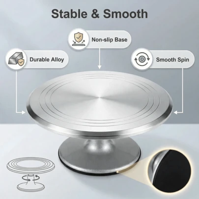 Suport rotativ pentru tort de 10/12/14 inch, fabricat din aliaj de aluminiu rezistent, rotație lină, bază din silicon antiderapantă, instrument ideal de copt pentru brutari de acasă, cofetării și bucătării de restaurante, deserturi DIY