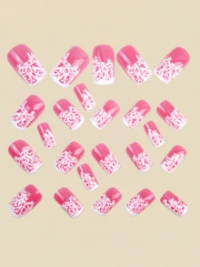 24pcs 3D Embossed Pattern Nail Stickers, Nail Art Supplies, Y2K Style Nails, Pink Nails - Pink - View 3