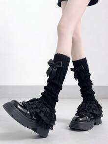 1 Pair White/Black New Lace Ruffle Bow Knit Leg Warmers, Sweet Lolita Style - Multicolor - View 3