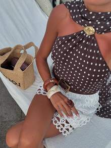 复古法式波点露背吊带休闲度假上衣，女士夏季款 - 棕色 - 查看 3