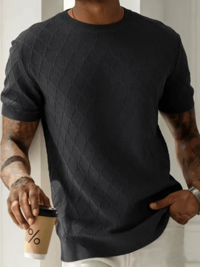 男士春夏针织短袖纯色毛衣，圆领菱格纹，休闲百搭