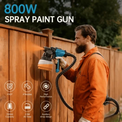 Pistolet do malowania natryskowego Tilswall 800 W HVLP z pojemnikiem o pojemności 1300 ml, 4 dysze, 3 wzory, 120 DIN-s Aplikator do malowania domów, szafek, płotów, ścian, wnętrz domowych Shark 800