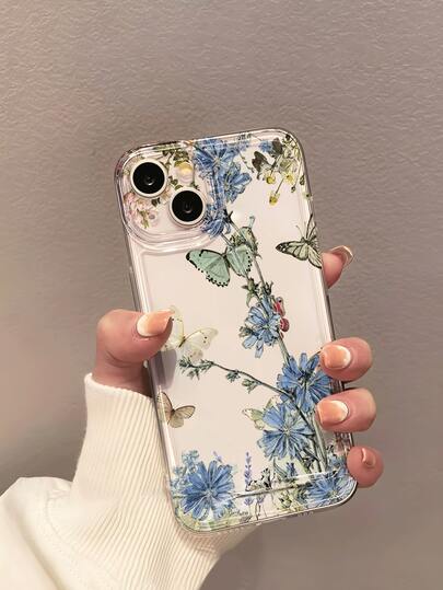 Flower 1pc Vintage French Botanical Illustration Blue Cornflower Transparent Anti-Drop Soft Phone Case Compatible With Apple 17/17Pro/17ProMax/17Air/16/16Plus/16Pro/16ProMax