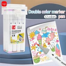 WUQIANNIAN مجموعة 1 من علامات ذات طرفين مزدوجين ب- 12 لون، سلسة وطويلة الأمد، تلوين متساوٍ، مقاومة للبهتان، بدون رائحة، مناسبة لمختلف سيناريوهات الرسم والتلوين، موسم العودة إلى المدرسة. - متعدد الألوان - مشاهدة 1