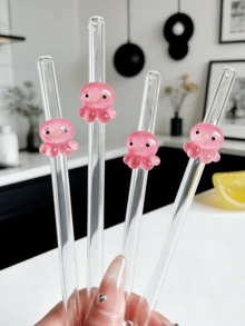 1/2pcs Reusable Glass Straw Set With Octopus Design - Transparent, Bendable Straws Perfect For Smoothies Or Cocktails; Cute Gift Set Ideal For Holidays, Back To School, Ocean-Themed Parties, New Year Or Valentine's Day - Clear - View 5