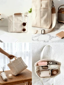 Large Capacity Multi-Pocket Shoulder Bag With Compartments, Versatile Handbag With Handles, Beige, Large School Tote Bag, Multiple Compartments, Perfect For Beach, School, Work & Daily Use - 米色 - 查看 9