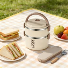 Large-Capacity, Multi-Layer Insulated, Lidded Round Lunch Box Is The Perfect Gift For Thanksgiving, Christmas, And Halloween, And Is Ideal For Commuting, School, And Outdoor Use. - Apricot 3-layer - View 2