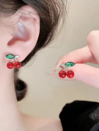 1 par de pendientes de cereza lindos, pendientes de botón rojos dulces, joyería estudiantil, uso diario casual para mujeres