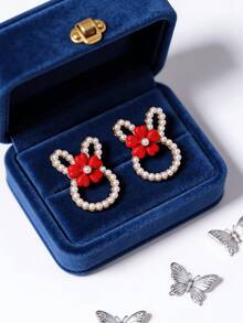 1 Pair Cute Flower Rabbit Ear Stud Earrings, Sweet Pearl Design Earrings For Girls, Lovely Fresh Style, Birthday/Holiday/Valentine's Day Gift - one-size - View 2