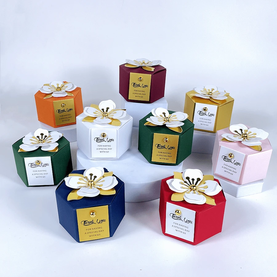 10pcs Multicolor Hexagonal Delicate Gift Box With Thank You Cards Paper Flower Decor Boxes,Suitable For Wedding,Engagement,Birthday,Housewarming,Holiday Party,All Occasion Gifts,School Supplies,Back To School