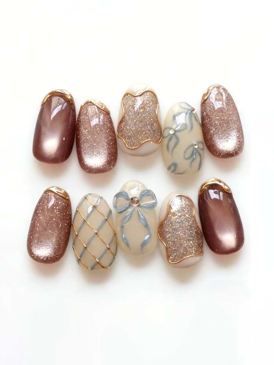 10pcs Pure Handmade Press On Nails Long Oval Nail Brown Beige And Blue Cat Eye Nails With Bow Fancy Cute Pain Y2k Gentle Shiny Elegant For Women And Girls,Spring Summer Fall Winter,Holiday And Daily Life Use - Brown - View 1