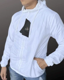 Men's Windbreaker Jacket – Plain Casual Autumn/Winter With Drawstring And Zipper Pocket - 白色拉鍊 - 查看 1