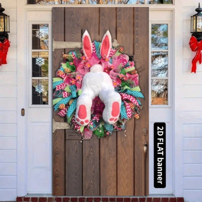 1pc Large Polyester Rabbit & Wreath Door Hanging - 35.4" X 70.9" Multipurpose Indoor Outdoor Decor Sign, Suitable For All Occasions, Universal Holiday Party Banner, No Electricity Required