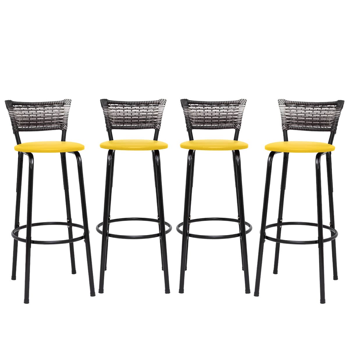 Set Of 4 High Stools With Black Frame And Gradient Wicker Backrest - Ideal For Counters, Islands, Worktops, Gourmet Areas, Bars, American Kitchens, And Pools - Yellow Seat - View 1
