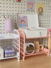 1个学生宿舍双层折叠桌面浴室收纳架 - 粉色 - 查看 1