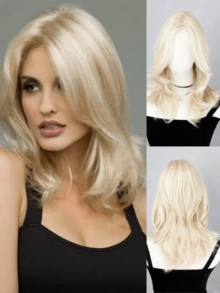 1pc 18-Inch Medium Length Curly Synthetic Wig, Lightweight Golden Color, Rose Net High-Temperature Fiber, High Density Basic Women Wig Suitable For Beginners - Blonde Highlight - View 2