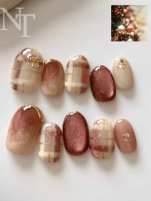 10pcs Handmade Press-On Nails, Short Oval Shape, Red, Vintage Soft Style, Nude Pink Ombre With Gray Rose Cat Eye Glitter, Hand-Painted Plaid Pattern, 3D Golden Bow, Cute & Simple Press-On Nail Stickers, Suitable For Women And Girls, Wear For Spring, Summer, Autumn, Winter, Parties And Daily - Multicolor - View 4