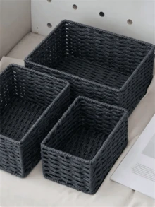 Handmade Woven Storage Baskets, Bathroom Vanity Organizer Racks, Kitchen Snack & Candy Racks, Office/Study Bookcases, Stationery & Medicine Boxes, Toy Storage Baskets, Vanity Makeup & Skincare Organizer Racks, Home Decor Baskets, Gift Baskets, Cosmetic Storage Baskets, Living Room Storage Baskets - Black - View 1