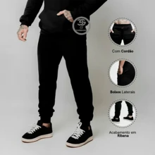 Men's Fashion Casual T-Shirt And Sweatpants Set - Black Cotton Knit + Sweatpants With Pockets - Art - 海軍藍T卹,黑色褲子 - 查看 4
