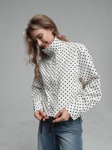 HZXVIC Women's Autumn New Polka Dot Mesh Drawstring Zipper Ribbed Collegiate Stand Collar Jacket - White - View 4